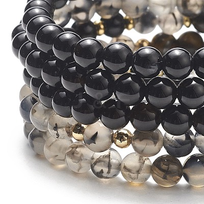 5Pcs 5 Style Natural Mixed Gemstone Round Beaded Stretch Bracelets Set BJEW-JB08829-1