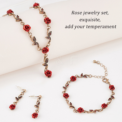 Siam Rhinestone Rose Flower Dangle Stud Earrings & Link Chain Bracelet & Lariat Necklace SJEW-AN0001-13-1