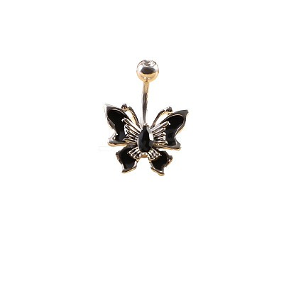 316L Surgical Stainless Steel Black Cubic Zirconia Butterfly Curved Barbell Belly Rings WG4CABC-05-1