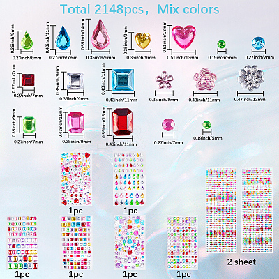 8Pcs 7 Styles Acrylic Rhinestone Self-Adhesive Stickers STIC-SP0001-11-1