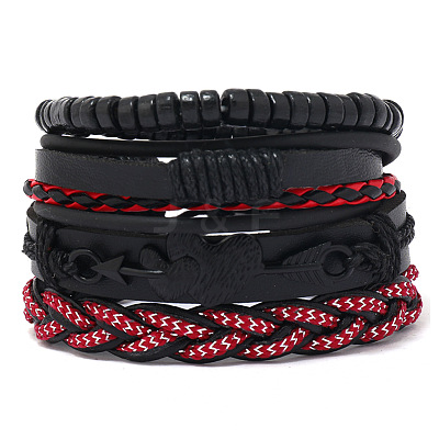 4Pcs 4 Styles Wood Beads Stretch Braceletas & Alloy Artificial Leather Cord Bracelet Sets for Men FS-WG9743B-06-1