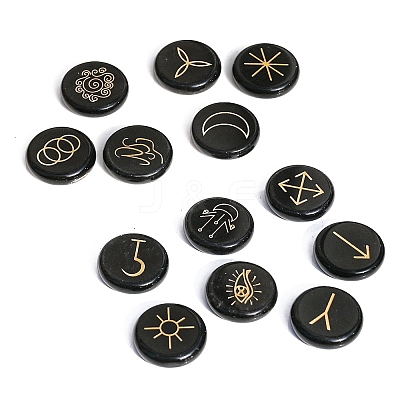 13Pcs 13 Styles Flat Round Natural Obsidian Rune Stones PW-WG15937-06-1
