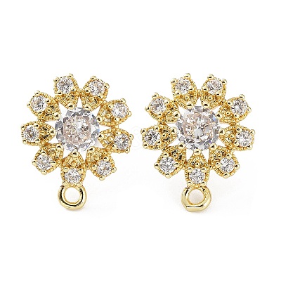 Hollow Flower Brass Micro Pave Cubic Zirconia Stud Earrings Finding KK-E083-07G-1