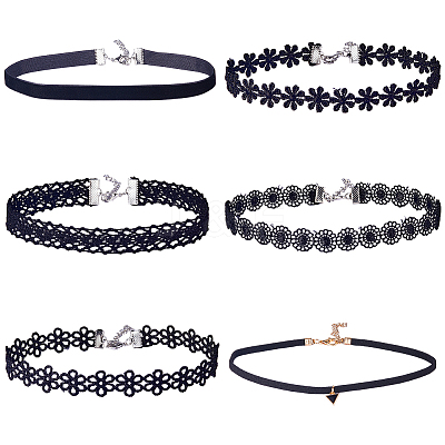 6Pcs 6 Styles Gothic Flower Lace Choker Necklaces for Women NJEW-SC0001-76-1