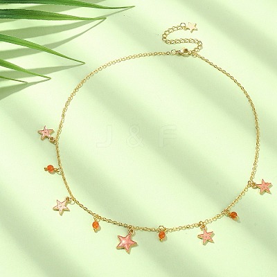 Natural Agate Round & Alloy Enamel Star Charms Bib Necklace with 304 Stainless Steel Chains NJEW-JN04404-01-1