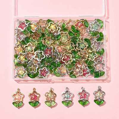 70Pcs 2 Styles 7 Colors Flower Brass Glass Pendants PALLOY-FS00057-1
