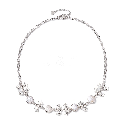Flat Round Pearl with Bowknot Alloy Link Necklaces NJEW-JN04812-1
