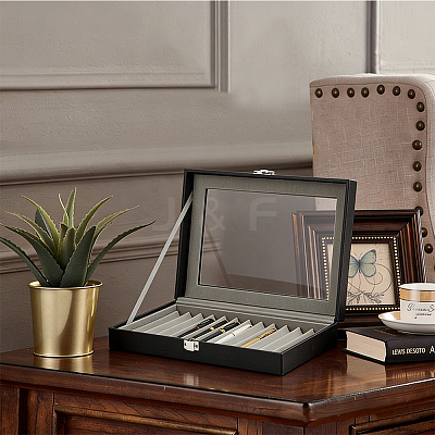 Black PU Leather Pen Organizer Boxes with Clear Glass Visible Window Lid CON-WH0107-129B-1