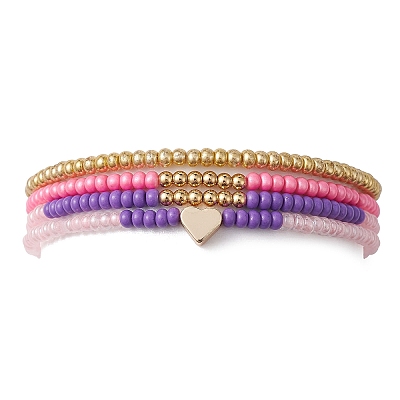 4Pcs 4 Style Brass Heart & Glass Seed Beaded Stretch Bracelets Set BJEW-JB09537-1