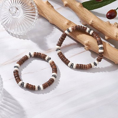2Pcs Natural Coconut & Synthetic Turquoise Beads Stretch Bracelets for Men Women BJEW-JB12498-1
