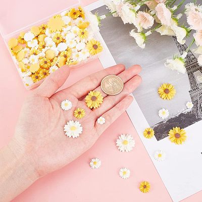 110Pcs 6 Style Flatback Hair & Costume Accessories Ornaments Scrapbook Embellishments Resin Flower Daisy Cabochons CRES-FH0001-08-1