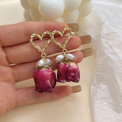 Heart Brass Shell Pearl Dangle Stud Earrings FS-WGDBC6E-02-1