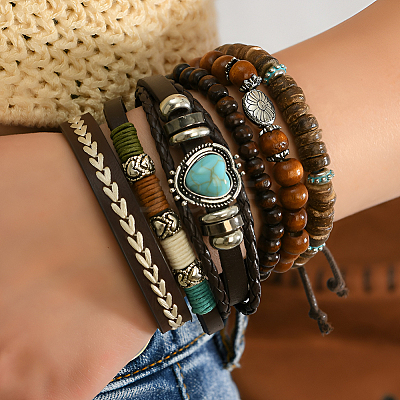 6Pcs 6 Styles Wood & Synthetic Turquoise & Alloy Beaded Stretch Bracelets & Braided Bracelets for Women BJEW-CL0001-60-1