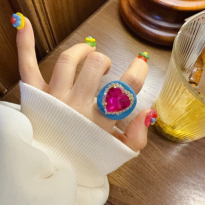 Heart Resin & Crystal Rhinestone & Glass Finger Rings FS-WGE223F-04-1