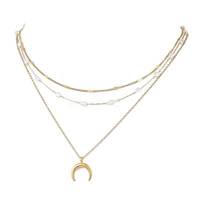 304 Stainless Steel Pendant 316 Surgical Stainless Steel & Plastic Pearl Paperclip Chain 3 Layer Necklaces for Women NJEW-JN05471-02-1