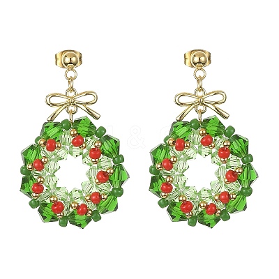 Glass Christmas Wreath Dangle Stud Earrings EJEW-TA00243-1