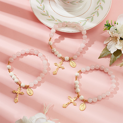 Natural Rose Quartz & Synthetic Turquoise Round Beaded Stretch Bracelet BJEW-PH01531-01-1