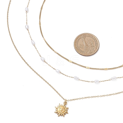 304 Stainless Steel Pendant 316 Surgical Stainless Steel & Plastic Pearl Paperclip Chain 3 Layer Necklaces for Women NJEW-JN05471-01-1