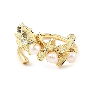Brass Leaf Open Cuff Ring with Natural Pearl Beaded for Women RJEW-K090-02G-1