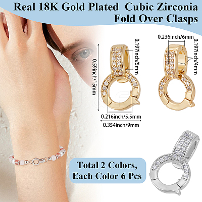 12Pcs 2 Colors Brass Micro Pave Clear Cubic Zirconia Fold Over Clasps KK-BBC0018-86-1