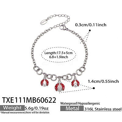 304 Stainless Steel Micro Pave Clear Cubic Zirconia Enamel Ladybug Charm Bracelets for Women WG77B69-01-1