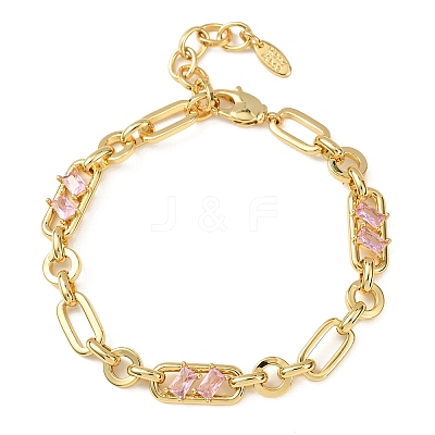 Ring & Paperclip Brass Micro Pave Cubic Zirconia Link Chain Bracelets for Women BJEW-D458-03G-05-1
