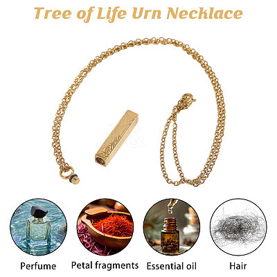 304 Stainless Steel Rectangle with Tree of Life Pendant Urn Ashes Necklaces NJEW-WH0036-030G-1