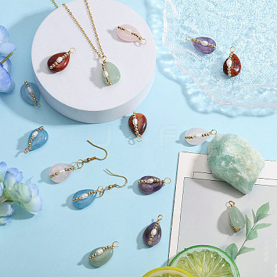 15Pcs 5 Colors Copper Wire Wrapped Natural Amethyst & Brecciated Jasper & Green Aventurine & Rose Quartz & Aquamarine Teardrop Pendants PALLOY-FH00152-1