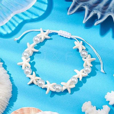 Starfish Synthetic Turquoise & Acrylic Pearl Braided Bead Bracelets for Women BJEW-JB11263-02-1