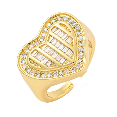 Rack Plating Heart Brass Micro Pave Clear Cubic Zirconia Cuff Finger Rings for Women RJEW-C103-08G-1