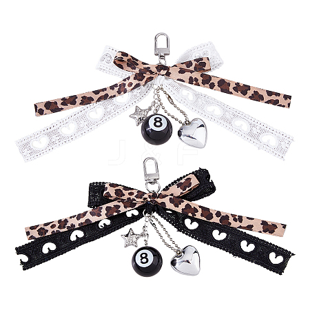 2Pcs 2 Colors Alloy & Cloth Bowknot Pendant Decorations HJEW-DC0001-40-1