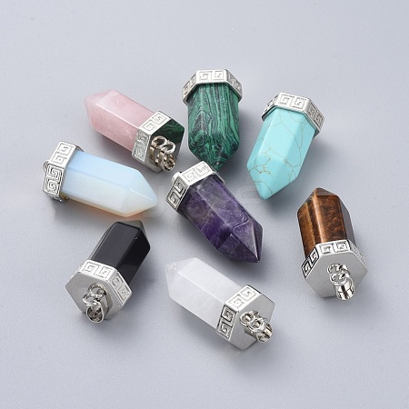  Jewelry Beads Findings Gemstone Pendants, with Platinum Tone Brass Findings, Bullet, 40.5~41x19.5~20x18mm, Hole: 8x5mm