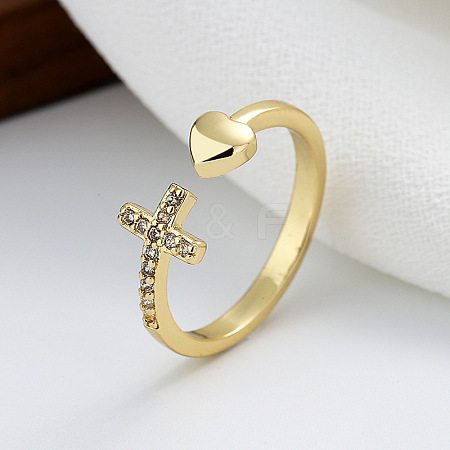 Crystal Rhinestone Cross & Heart Open Cuff Ring RELI-PW0003-04G-1