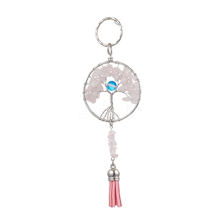 Tree of Life Alloy Natural Rose Quartz & Synthetic Moonstone Keychain KEYC-JKC00987-01-1