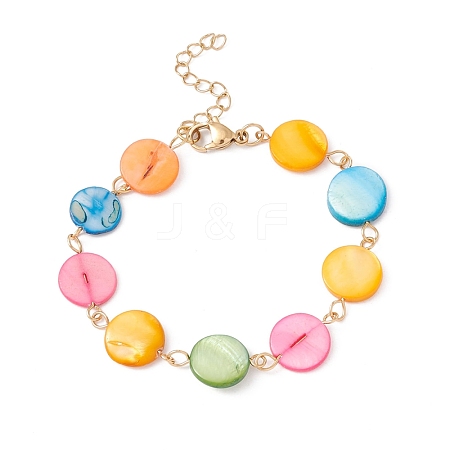 Natural Shell Flat Round Link Chain Bracelet BJEW-C015-17G-1