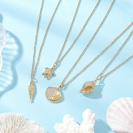 4Pcs 4 Styles Ocean Theme Brass Micro Pave Clear Cubic Zirconia Fish Turtle Shell Shape Pendant 304 Stainless Steel Cable Chain Necklaces for Women NJEW-JN05408-1