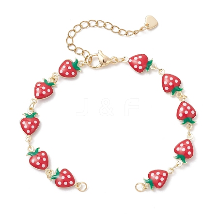 Brass Enamel Red Strawberry Link Chain Bracelet Makings AJEW-JB01420-1