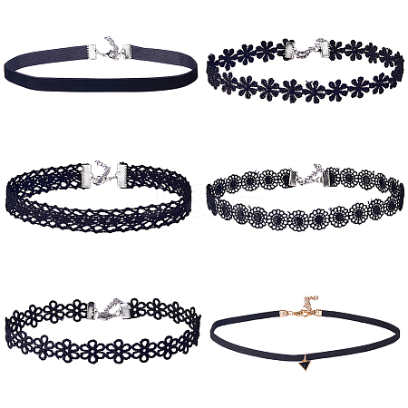 6Pcs 6 Styles Gothic Flower Lace Choker Necklaces for Women NJEW-SC0001-76-1