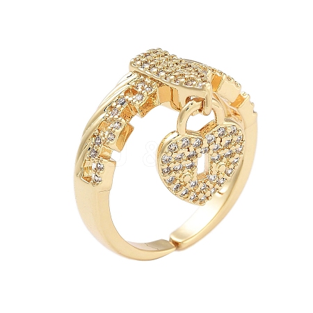 Rack Plating Heart Padlock Brass Micro Pave Cubic Zirconia Open Cuff Rings for Women RJEW-B064-15G-1