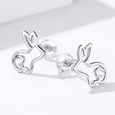 Anti-Tarnish Rhodium Plated 925 Sterling Silver Bunny Stud Earrings EJEW-FF0009-08P-1