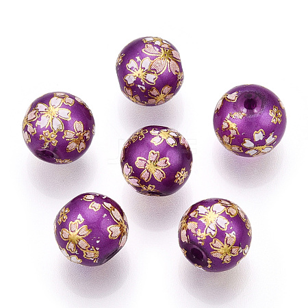 Flower Picture Printed Glass Round Beads GLAA-J089-10mm-B03-1