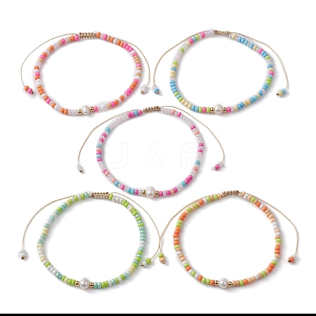 Natural Pearl & Glass Seed Braided Bead Bracelets BJEW-JB09532-1