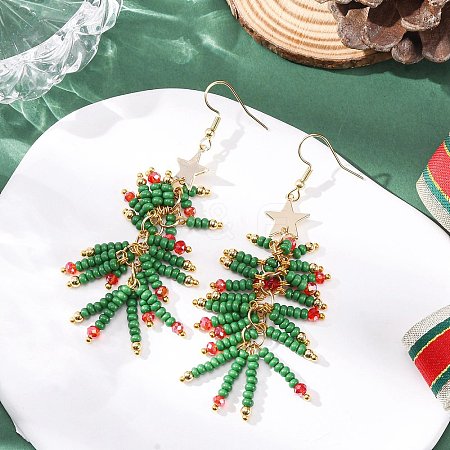 304 Stainless Steel Glass Seed Beads Christmas Tree Dangle Earrings EJEW-MZ00485-1