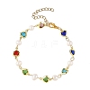 Natural Cultured Freshwater Pearl & Brass Glass Link Chains Bracelets for Women BJEW-JB14219-3