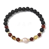 Natural Lava Rock & Amber & Cultured Freshwater Pearl Beaded Stretch Bracelets for Women BJEW-JB13722-3