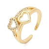 Hollow Double Heart Brass Micro Pave Clear Cubic Zirconia Open Cuff Rings for Women RJEW-G343-14G-4