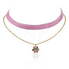 Glass Beaded Flower Pendant Single Face Medium Orchid Velvet Ribbon & Brass Cable Chain Double Layered Choker Necklaces NJEW-TAC0041-2