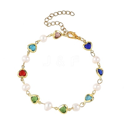 Natural Cultured Freshwater Pearl & Brass Glass Link Chains Bracelets for Women BJEW-JB14219-1