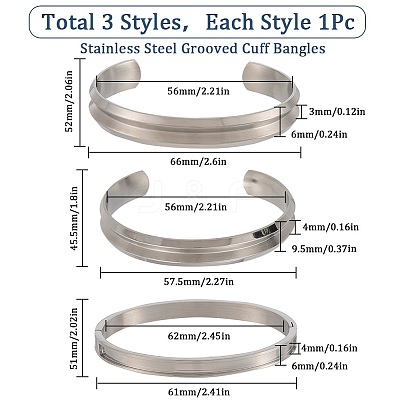 3Pcs 3 Style 304 & 201 Stainless Steel Grooved Bangle Making BJEW-SC0001-16-1
