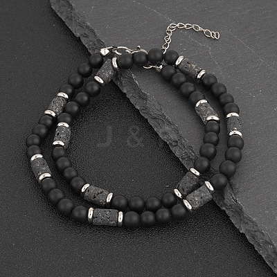 Natural Black Onyx(Dyed & Heated) Round and Lava Rock Column Beaded Necklaces for Men AD4538-1-1